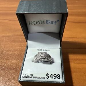 Forever Bride 10K White Gold 1/2 CTTW Genuine Diamond Cushion Bridal Set Size 7